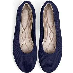 Tingrise Flat Shoes Women Blue Knit Round Toe Ballet Comfortable Dressy Flat